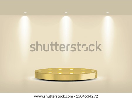 Mock up Realistic Empty Gold Shelf for interior to Show Product with Spotlight and shadow on White background. Pedestal Design illustration