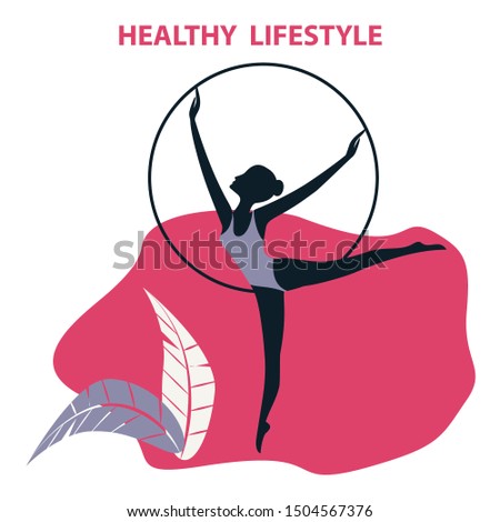 Woman with gymnastic hoop - abstract element, leaves - isolated on white background - vector. Yoga. Fitness Exercises.