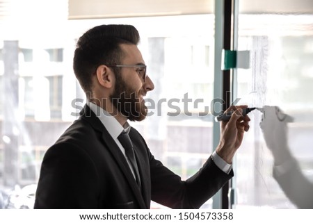 Young arabian ethnicity entrepreneur startupper writing on flip chart new start up idea plan for investors, confident attractive arab business trainer makes presentation for staff concept of training