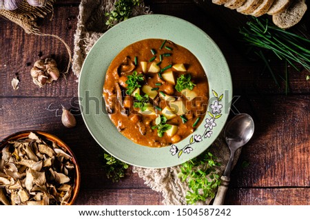 Simple but delish soup, fresh garlic and herbs with tomatoes and forest mushrooms, freshly collected