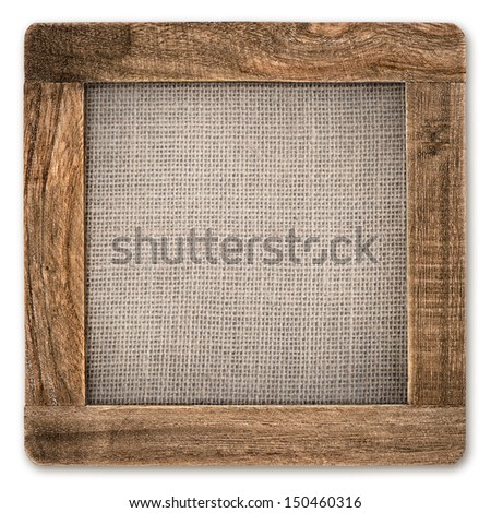 vintage rustic wooden frame with canvas isolated on white background