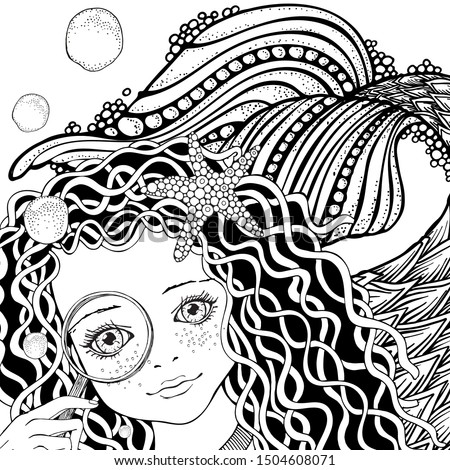 Cute mermaid. Little girl with a magnifying glass. Underwater Coloring book page for adults and children.  Marine black and white vector.