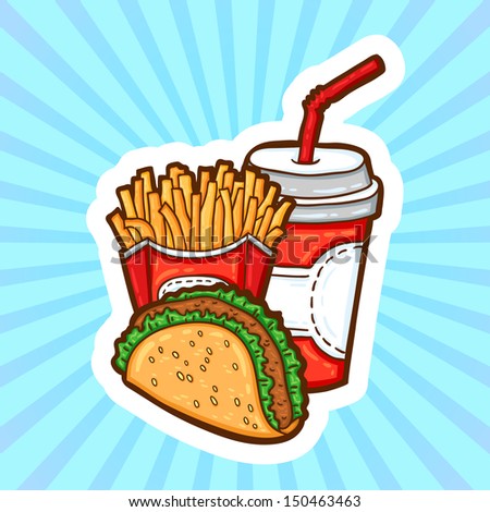 Set of fast food in cartoon style on beauty background. Isolated objects. Poster template.