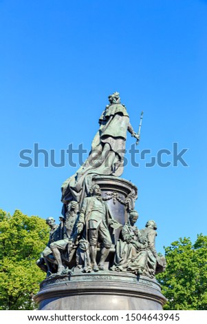 Saint-Petersburg, Russia. Monument to Catherine the Great. Text translated into English - Empress Catherine II during the reign of Emperor Alexandar II 1873