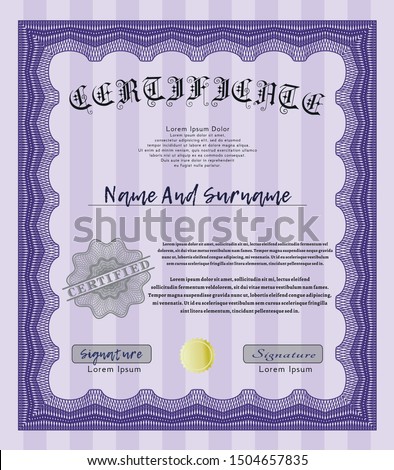 Violet Diploma or certificate template. With linear background. Customizable, Easy to edit and change colors. Lovely design. 