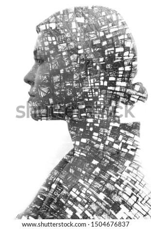 Paintography. Double exposure close up profile portrait of young female combined with black and white drawing of lines connecting to form boxes