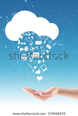 Hand holding a cloud/Cloud computing concept, where hand holding a cloud and various web icons dropping out of it, blue sky abstract shapes background