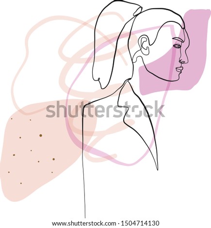 One line continuous face of a model girl. Contemporary drawing in modern cubism style. Portrait of a woman isolated on colorful pastel textures with shapes.
