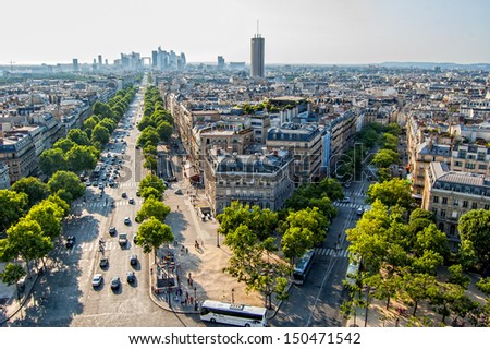 View of Avenue de la Grande Armee and La Defense business district from the top of Arc De Triomphe, Paris, France.