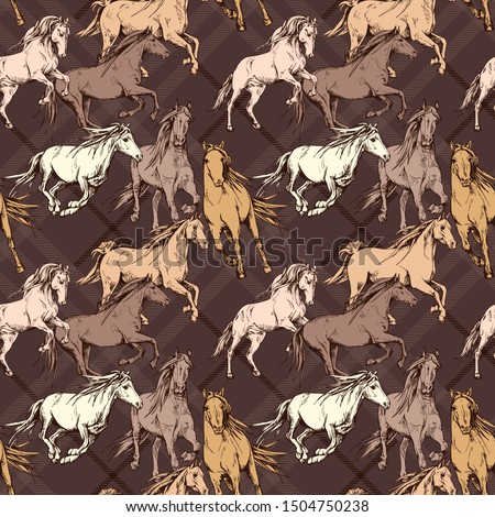 Seamless wallpaper pattern. The running beautiful horses on a brown checkered background. Textile composition, hand drawn style print. Vector illustration.