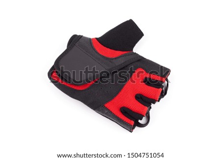 Bicycle gloves on white background. Gym equipment. Fitness. Workout gloves used to protect the hands from developing corns and calluses.