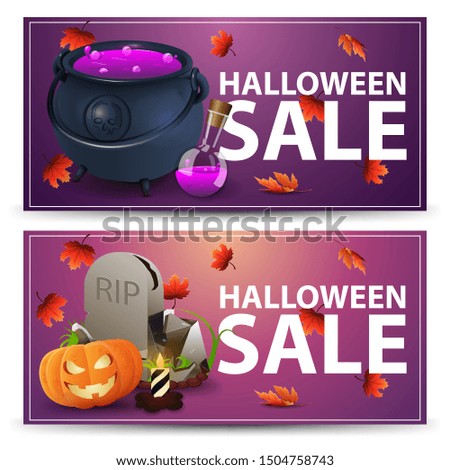 Set Halloween discount banners. Pink and purple discount banners for your business
