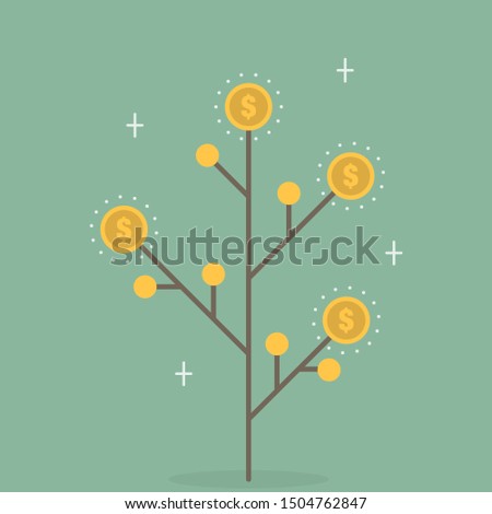 Tree with money. Coins on the tree and the tree with dollars. Evolution, growth, progressive concept. Flat design, isolated on white background. Vector illustration, clip art