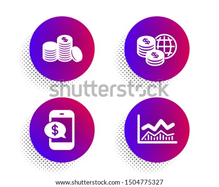 Banking money, Phone payment and World money icons simple set. Halftone dots button. Trade infochart sign. Cash finance, Mobile pay, Global markets. Business analysis. Finance set. Vector