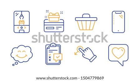 Drag drop, Loyalty card and Checklist line icons set. Smile, Crane claw machine and Shop cart signs. Smartphone, Heart symbols. Move, Bonus points. Technology set. Line drag drop icon. Vector