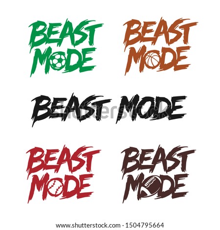 Beast mode quote lettering set. Kids clothes typography print related to different sports. American football, baseball, soccer, basketball balls. Hand drawn typographical vector illustration.