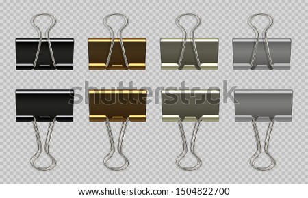 Paper clips set. Black white, gold, gray realistic binder, paper holder isolated on white background. Vector isolated graphic drawing steel stationery