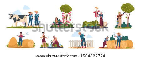 Agricultural workers. Harvesting people on field and in garden, cartoon characters doing farming job. Vector illustration farmers working with animal and organic products set Royalty-Free Stock Photo #1504822724