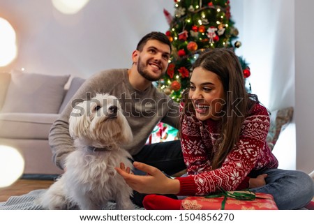 Beautiful smiling love couple playing with the happy white dog at home for Christmas holidays. Happy couple smiling and celebrating Christmas with their funny dog. 
