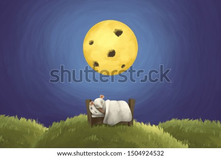 Little white mouse's dreams in cozy bed under cheese moon. Have a good dreams, sleep well, cute illustration kit for kids and adults