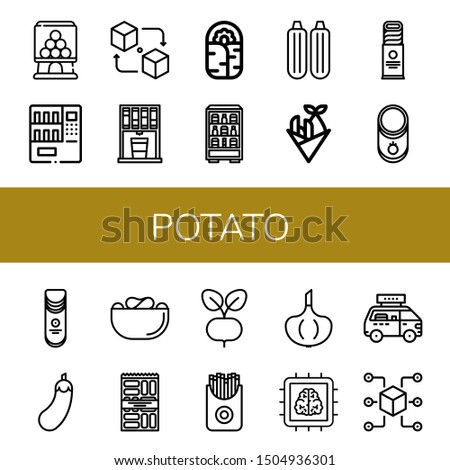 Set of potato icons such as Candy machine, Vending machine, Packet, Burrito, Zucchini, Fish and chips, Biscuit, Tomato, Crisps, Eggplant, Snack, Radish, French fries , potato