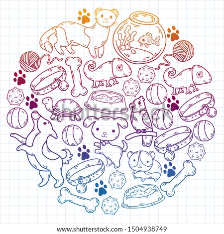 Hand drawn doodle Pets stuff and supply icons set. Vector illustration. Vet symbol collection. Cartoon dogs and cats care elements: kennel, leash, food, paw, bowl, bone and other goods for pet shop