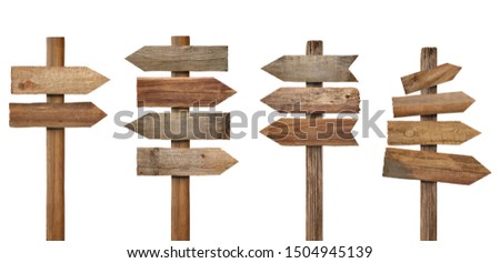 collection of various wooden sign on white background Royalty-Free Stock Photo #1504945139