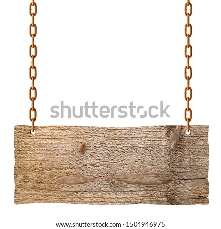 wooden blank sign hanging with chain and rope on white background