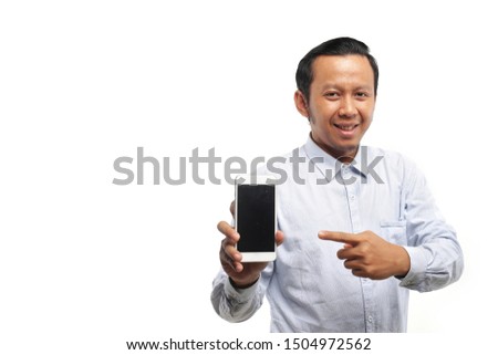 man indonesia showing cell phone isolated