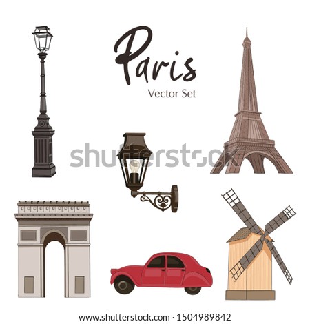 Hand-drawn French set. Freehand drawn illustration: Machine, Tower, Street lamp, Wall lamp, Arch and Mill.