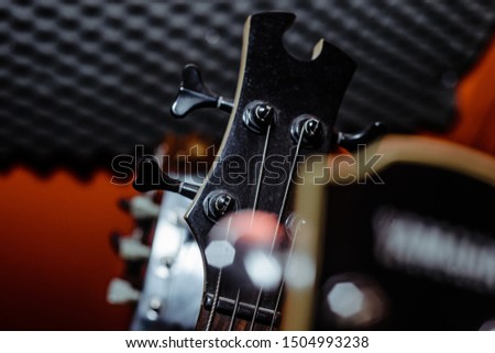 A set of classical and electric guitars. Music concept. Guitars for musicians, sale of guitars, musical instruments. Playing musical instruments, creating.