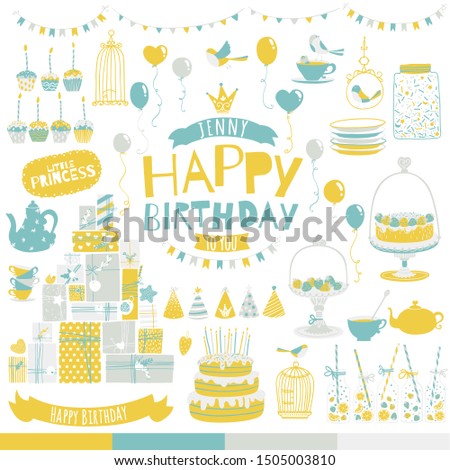 Birthday set. Vector elements in hand-drawn style. The limited stylish pastel palette is ideal for printing on fabric and paper. Cakes, gifts, caps, balls, etc