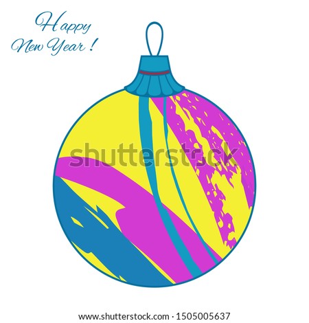 Happy New Year greeting card template. Colorful Christmas ball. Watercolor brush strokes style. Vector illustration