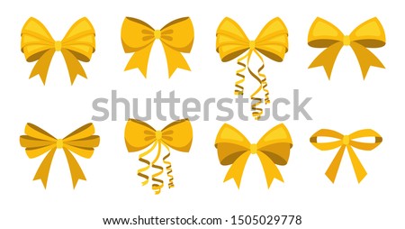 Gold bow set. Cartoon vector yellow ribbons satin bows for xmas gifts, present cards and luxury wrap pack isolated on white background