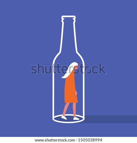 Alcoholism. Young female character trapped inside a bottle. Addiction. Booze. Flat editable vector illustration, clip art