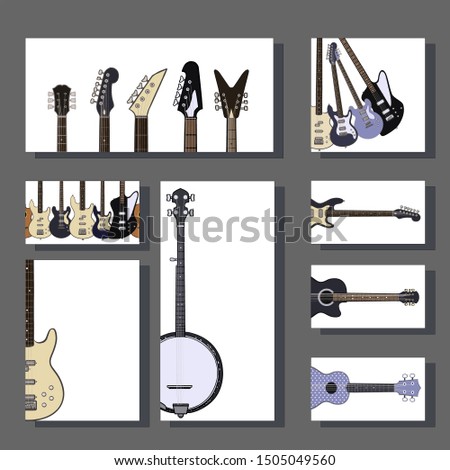 Music instruments templates for poster design, announcements, greeting cards, posters, advertisement, business card. Electric guitars, acoustic guitars, bass guitar, banjo.