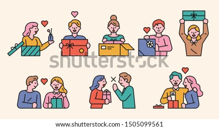 Cute characters opening the gift box. flat design style minimal vector illustration.
