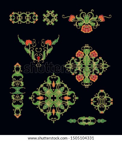 Set of stylized ornamental floral rosettes, vignettes, adornments 