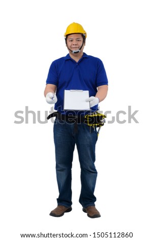 construction foreman in blue shirt with Protective gloves, helmet with tool belt hand holding clipboard and presenting receiving form for signing isolated on white backround with clipping path