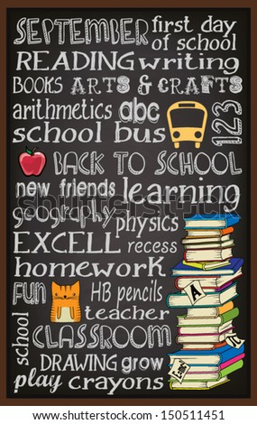 Back to School Chalkboard Typography Poster, with stack of books, kitten, teacher's apple and school bus, subway art style