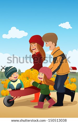 A vector illustration of happy kids having fun on a pumpkin patch with their parents