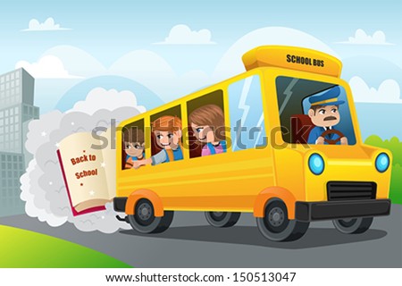 A vector illustration of kids riding school bus back to school