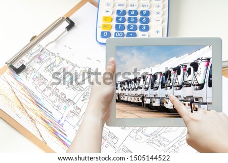 Logistic and transportation Concept, Hand use tablet computer or smartphone working for logistic and transport company. Royalty-Free Stock Photo #1505144522