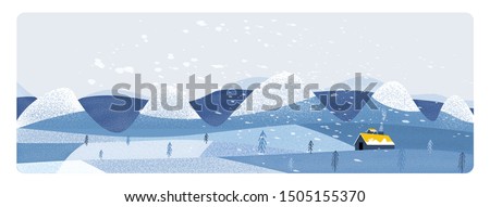Panorama Vector illustration of Countryside landscape in winter.Banner of free form  farm landscape in winter. snow over the  mountain with small pine trees and old barn.Image with noise and grain. 