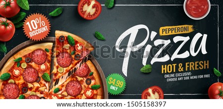 Pepperoni pizza banner ads on chalk board background with tomatoes and basil leaves, 3d illustration