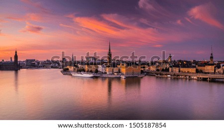 Scenic panoramic view of Gamla Stan, in the Old Town in Stockholm at sunset, capital of Sweden Royalty-Free Stock Photo #1505187854