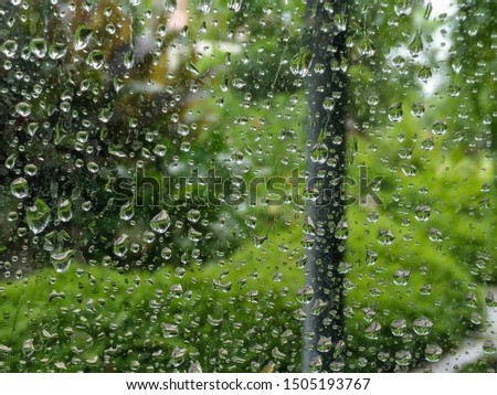 glass wet green background, rain drops on the drenched window glass, background window in the green garden, rainy landscape blurred. No selective some point in image, Have noise, Have blur.