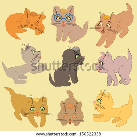 Set of nine various cartoon playful kittens. Hand drawing art illustration