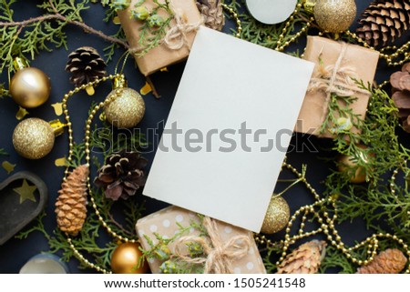 dark christmas with golden decoration.  new year card mockup