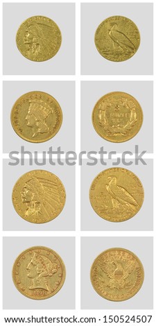 set of gold dollars, macro 5:1, on a gray background